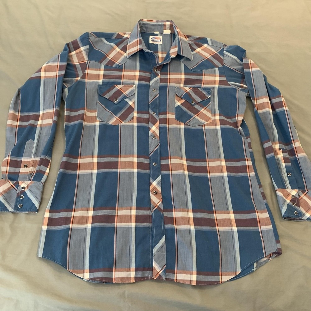 Vintage Miller Western Wear Shirt Mens XL Blue Plaid‎ Long Sleeve Snap Western